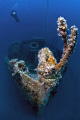 A wide angle look from the bow of WW1 Lundy Wreck at Kabatepe. Nikon D200 with 10.5mm fish-eye lens in Sea&Sea Housing. 2xYS-110 Strobe both running in TTL mode. 